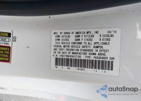 2014 Honda Accord Ex-L V-6 z USA, uszkodzony, nr VIN 1HGCT2B85EA007760